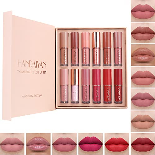 Rihsay Lippenstift Set 12 Farben Flüssiger Matt Lippenstift Wasserfest Lipgloss Langanhaltend Kosmetik für Damen Mädchen Geburtstag Geschenk
