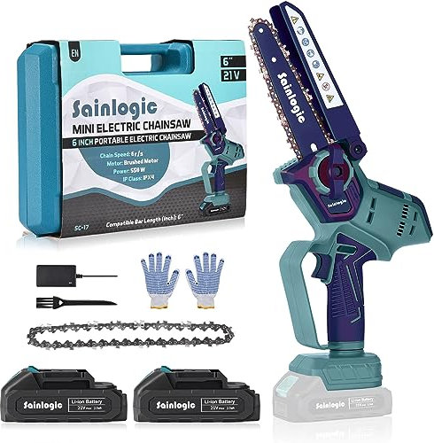Sainlogic Mini Motosega a Batteria, 6 Pollici Seghetto a Batteria, Motosega Elettrica con Chiusura di Sicurezza, Tagliarami a Batteria 2×2000mAh, per Tagliare Legna, Potare Rami (Blu mare)