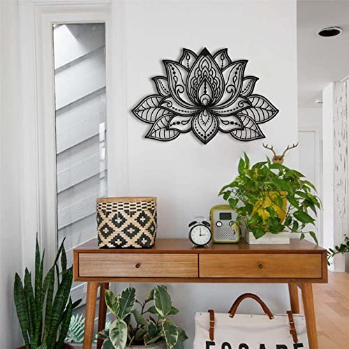 XQKXHZ Lotus-Blume-Metall-Wanddeko, Metall Mandala Wandkunst Lotus Blumen Wandschmuck Wanddekoration Für Wohnzimmer Schlafzimmer Badezimmer Flur Büro,Schwarz,68 x 44cm/26.7x17.3