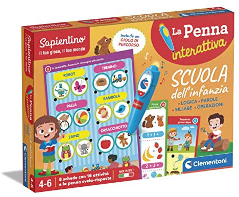 Clementoni Sapientino - Scuola dell'Infanzia, Gioco Educativo Parlante 4-6 Anni, Quiz su Parole, Logica, Sillabe e Operazioni, 8 attività con Penna Interattiva, Made in Italy, Lingua Italiana, 16749
