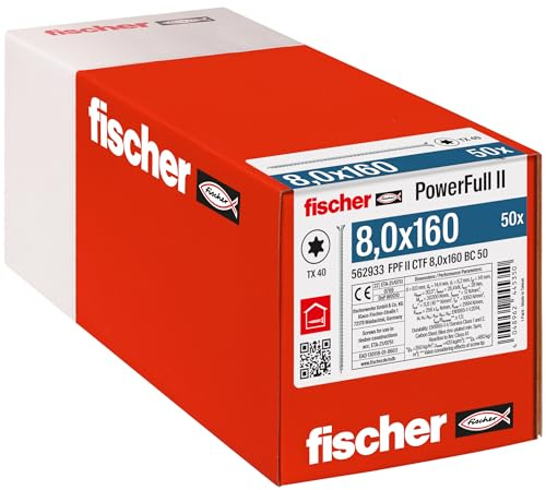 fischer PowerFull II 8,0 x 160, Premium Vollgewindeschraube (50 Stk.) mit innovativer Spitzengeometrie, Stahlschraube für tragende Holzkonstruktionen mit Senkkopf, vermindert Spaltrisiko