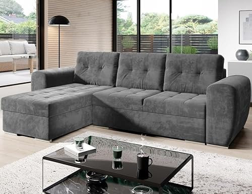 MODERNO Ecksofa mit Schlaffunktion BARI - Sofa mit 3 Sitzen - Schlafcouch L-Form - Modern Couch - Schlafsofa mit Steppung - 256x157x85 cm - Grau - Monolith 85