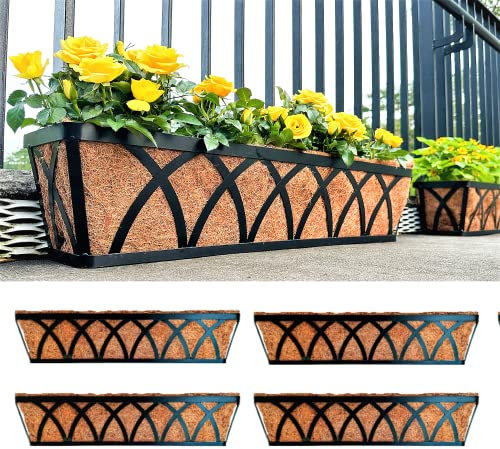 Maxona Macetero para ventana, paquete de 4, 24 pulgadas, para exteriores, para montar en la pared y en la cubierta, con forro de coco, cesta de flores para ventana, barandilla para balcón, valla de
