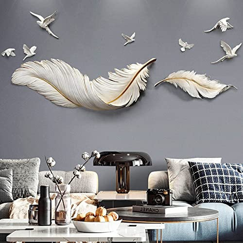 Feder Metall Wanddeko Wohnzimmer, Groß Moderne Einfache Wandskulpturen mit 7 Fliegende Vögel, DIY Aesthetic Room Decor für Zuhause Schlafzimmer Flur Wohnzimmer Badezi(Size:White+Small Feather 7 Birds)