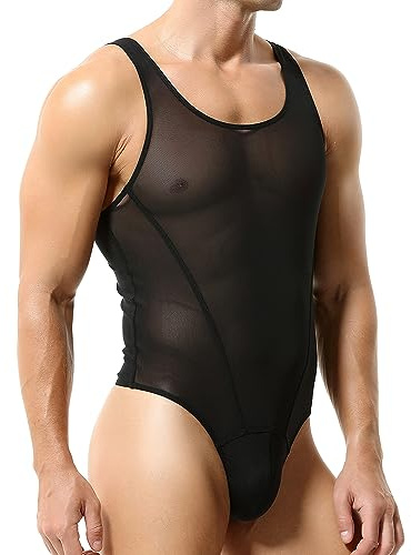 SPNSSTCR Men's Bodysuits Leotrad Wrestling singlet Shapewear Jockstrap Mesh Fitness Jumpsuits Thongs (Black, M)
