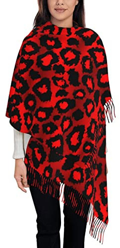 TheEcoWay Roter Damen-Quastenschal mit Leoparden-Animal-Print, großer Schal mit weichem Kaschmirgefühl, leichte Stola, 197 x 72 cm