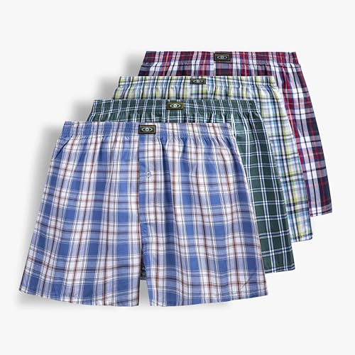 Mens Woven Boxer Shorts 100% Cotton with Covered Waistband Comfortable Loose Fit, Full Cut Classic Plaid Boxers 4 Pack Size X-Large (40-42)