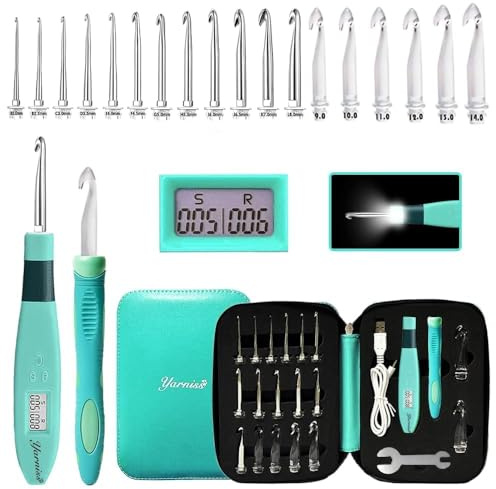 Yarniss Häkelnadeln mit Licht, digitaler Zähler, Häkelnadel-Set mit Etui, 18 Größen (2,0 mm ~ 14,0 mm) | Digitale Häkelnadel mit Metallkopf, leuchtet im Dunkeln, besser für nächtliches Häkeln