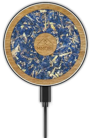 MMORE - Kabelloses Ladegerät mit Organischem und Holz Material | Schwarz | Blaue Kornblume und Tanganikaholz