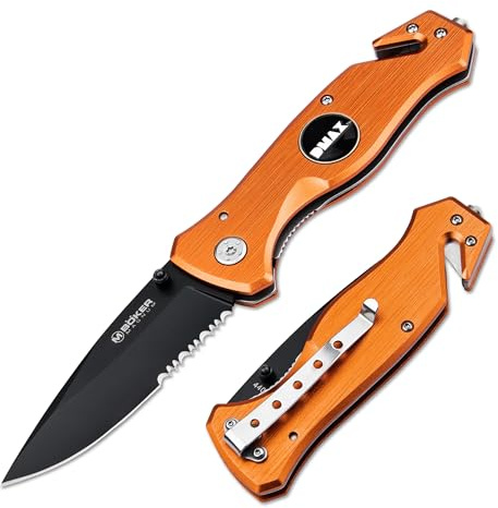 DMAX® Medic Knife - legales Rettungsmesser mit Gurtschneider & Glasbrecher - Notfall-Messer für Feuerwehr & Rettungsdienst - Rescue Knife mit Clip - Taschenmesser mit Alu-Griff orange & Wellenschliff