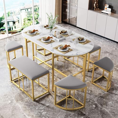 Essgruppen mit Esstisch und 6 Stühlen (140*70*76cm), Küchentisch Set für Esszimmer Küche Wohnzimmer, Esszimmergruppe mit Metallgestell Perfekt für Stilvolle Dinnerpartys und Entspannte Frühstücke