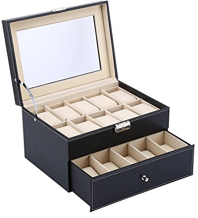 20 Fächer Leder Uhrenbox Display Aufbewahrungsbox, Uhrenbox aus Leder für Schmuck Sammlung Organizer Armbanduhrenkasten mit 20 Gittern
