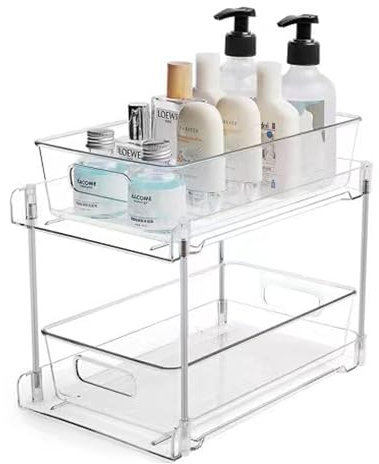 Bigingjia Under Sink Storage Organizer, 2-Tier Pull Out Clear Kitchen and Bathroom Storage Shelf, Multifunction Cupboard Organizer for Snacks, Spices, Medicine, and Cosmetics