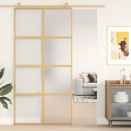 Gecheer Puerta corredera para interior, de cristal ESG y aluminio, dorado y esmaltado, 102,5 x 205 cm, puerta corredera de cristal y aluminio, puerta para interior