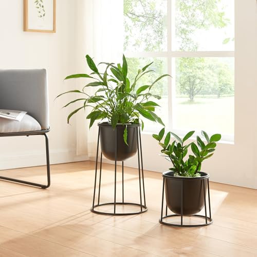 [en.casa] Set de 2 Porte-Plantes avec Cache-Pots Inclus Ensemble de 2 Support pour Plantes de Tailles Variées Lot de 2 Présentoirs Design pour Fleurs Métal Noir