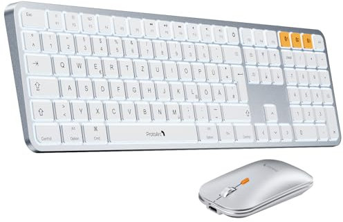 ProtoArc KM100-A Beleuchtet Tastatur Maus Set Kabellos für Mac, Bluetooth QWERTZ Funk Tastatur mit Maus, Wireless Flach Keyboard Multi-Gerät für MacBook Pro, MacBook Air, iPhone, iPad, Weiße