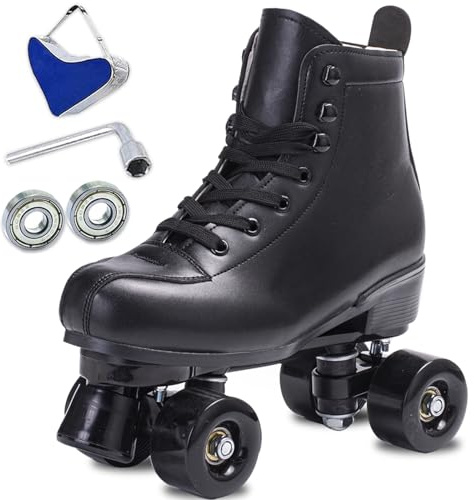 SCNUT Skates Women's Men's High Top Black PU Leather Classic Double Row Adjustable Outdoor Indoor Quad Skates and Roller Derby (Black Wheel, 42-Women's 9 / Men's 8)
