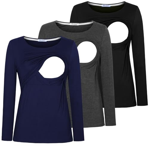 Bearsland Women's Nursing Shirt Long Sleeve Round Neck Breastfeeding Top, Black & Dark Gray & Blue, M