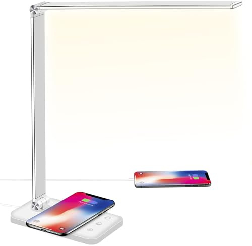 BIENSER LED Desk Lamp with Wireless Charging, USB Charging Port, 10 Brightness Levels, 5 Lighting Modes, Dimmable Eye-Caring Desk Lamps for Home Office, Touch Control, Auto Timer, 20W Adapter Included