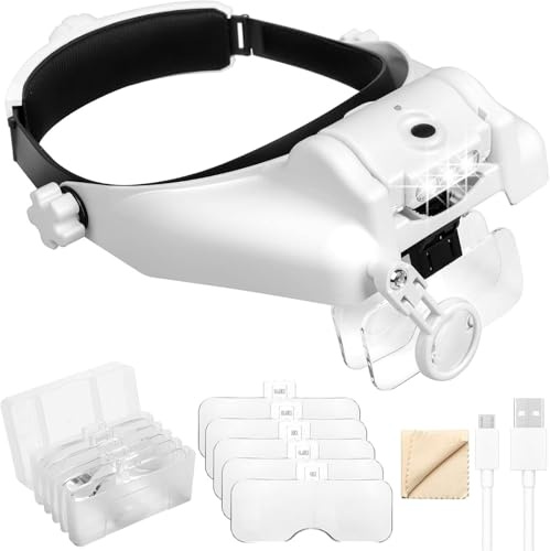 Sonhomay Stirnbandlupenbrille 1X bis 14X Stirnbandlupe mit LED- Wiederaufladbar Freihand- Kopfhalterung Lupenbrille zum Lesen Reparieren Nähen Löten Schmuckherstellung
