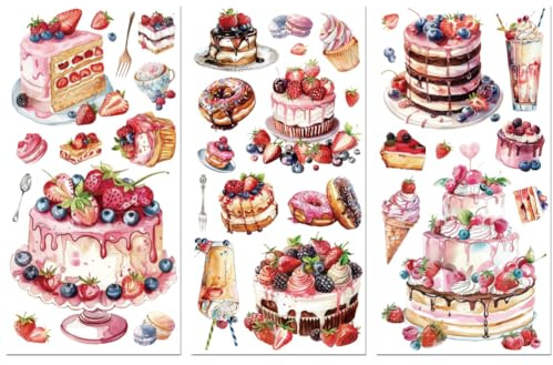 Peacoblue UV DTF Rub-On Transferfolie Möbel-Sticker Kuchen und Dessert Muster 15x30cm, 3 Stk. Wasserfeste Deko-Transferaufkleber für Möbel Glas Gläser Porzellan Wäscheschränke Kommoden Holz Kunststoff