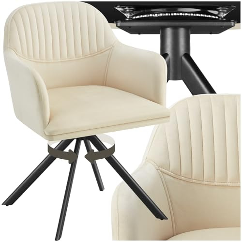 tectake® Esszimmerstuhl drehbar, Armlehnstuhl drehbar, ergonomischer Stuhl Samt, Stühle für Esszimmer, Möbel für Wohnzimmer, Arbeitszimmer, Esstisch, Schminktisch - Creme/schwarz