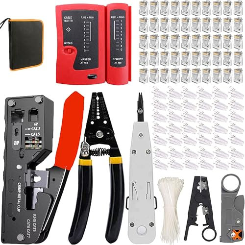 MAYLINEE Pelacables Alicates RJ45 CAT5 CAT6 Crimpadora Herramientas de Reparación de Red Juego de Comprobador de Cables de Red Kit CAT7 Mantenimiento Network Tool LAN 50 Conectores (Rojo)