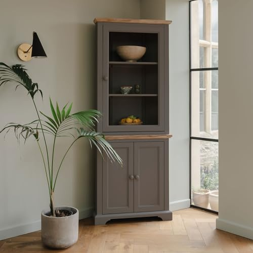 Florence Corner Display Cabinet, Grey Glass Door Corner Dresser | W78cm, D35cm, H200cm | Assembled Kitchen Dining Living Room Furniture (dove grey)