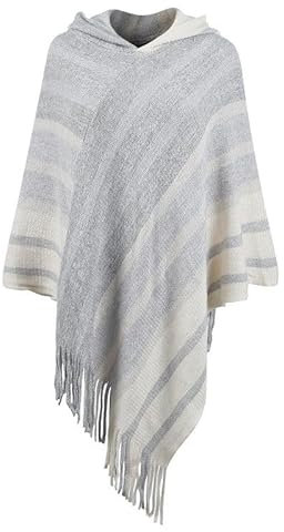 Damen Strickschal mit Quaste, für Herbst und Winter, gestreift, mit Kapuze, Winterschal, beige, One size