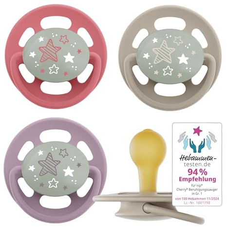 nip Cherry Night leuchtende Schnuller 0-6 Monate 4er Pack Kirschform Latex | stillfreundlich kiefergerecht hautfreundlich natürlicher Rundsauger leuchtet im Dunkeln Naturkautschuk Größe 1 lila/rot