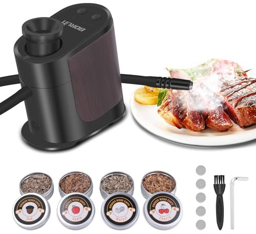 BORUiT BQ500 Pistolet à fumée portable, Infuseur de fumée avec 4 paquets de bois, Pistolet à fumée pour la cuisine, Boissons, Viande, Sauçons, Cocktails, Fromage, Barbecue