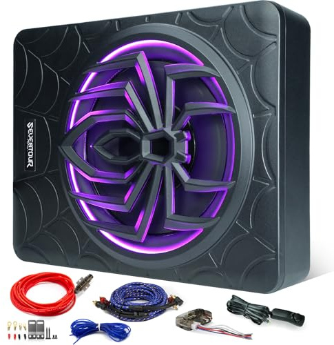 Seventour 10 tum 1000 W smal undersäte driven bil subwoofer innesluten, bil/lastbil ljud sub inbyggd förstärkarpaket amp kombination, med LED-ljus (subwoofer + monteringstråd sats)