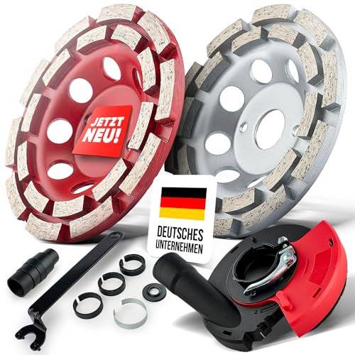 Absaughaube + 2x Diamantschleiftopf-Set für Winkelschleifer | Profi Schleifer-Zubehör Set, Diamant-Schleiftopf ideal für Beton & Naturstein schleifen & Fliesenkleber entfernen mit Absaugung