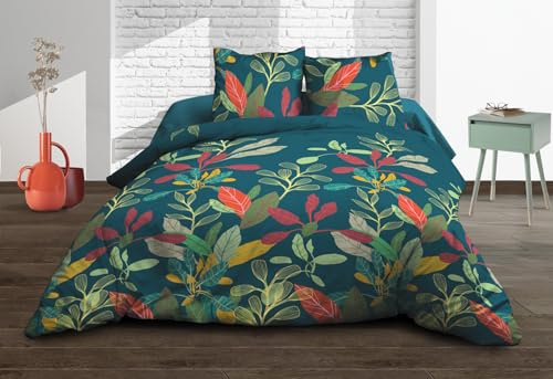 Le Linge de Jules Parure Drap Plat + Drap-Housse 140x190 + 2 T - Pur Coton 57 Fils - Acapulco, Bleu