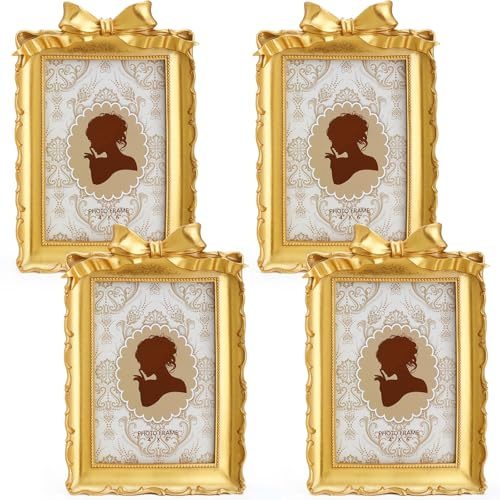 Chunful 1 Pcs Vintage Gold Bow Picture Frames 4x6 Inch Rectangle Antique Photo Frames Baroque Ornate Resin with Glass Front for Home Tabletop Display Wedding Gallery Wall Hanging Party Decor