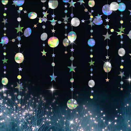 Ghirlande di Carta a Punti Circolari,4 PCS 13 FT Ghirlanda di Stelle Rotonde Iridescenti Striscione da Appendere Glitterata Colorata di Stelle per Matrimonio Festoni Addobbi Compleanno Natale Festa