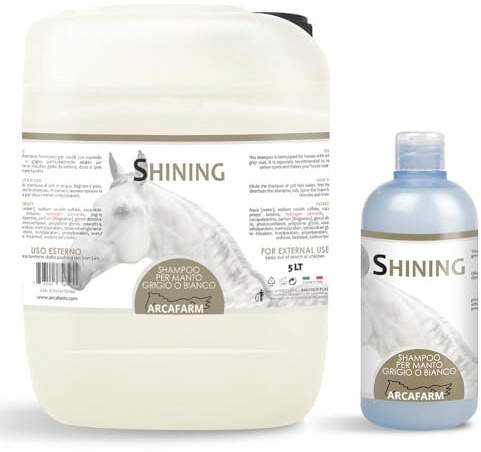 Set 5,5 lt Shampoo per Cavalli Grigi o Bianchi Shining azione efficace anti-giallo elimina macchie, adatto a tutti i tipi di manti grigi bianchi chiari, per coda e criniera - 100% Made in Italy