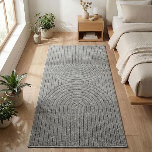 Carpetsale24 Kurzflor Teppich Läufer 80x150 cm Grau Wohnzimmer Schlafzimmer 3D Hoch-Tief-Effekt, Skandinavisch Boho Motiv, für Outdoor Bereich geeignet Terrassen oder im Balkon