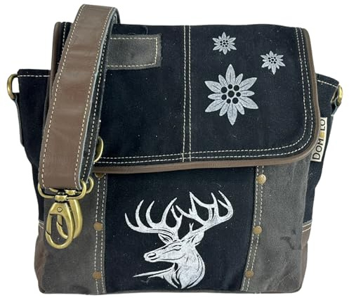 Domelo Borsa a tracolla in tela, borsa a tracolla da donna Oktoberfest con stampa di cervi/stella alpina, regalo per amanti della moda tradizionale (nero grigio), Nero