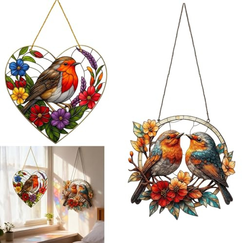 2 Pcs Catchers for Windows, Vibrant Garden Decor and Thoughtful Robin Gifts for Home Decoration; Colorful Bird Ornament for Home Garden Gift Decor- Ideal Hanging Window Decor
