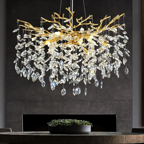 Moderne Kristall-Kronleuchter FüR Esszimmer,Luxury Gold Pendelleuchte Aus K9 Kristall Aluminium Baumzweigen,Rund 10-Light HäNgelampe Leuchte FüR Wohnzimmer,Schlafzimmer,Hohe Decke 60Cm