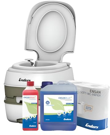 Enders Campingtoilette Deluxe medium+ Set, Schwenkrohr, Transportrolle & Füllstandsanzeige, inkl. 2,5L Blue+ + Rinse+ + 4 Rol. WC-Papier, biologisch abbaubar, Camping WC & Chemietoilette für Camping