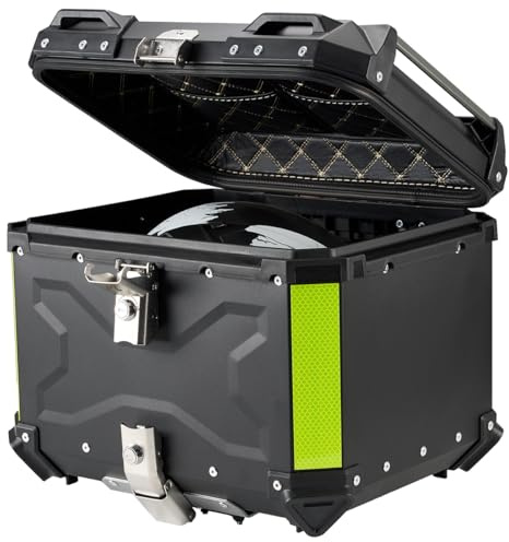 Top Case Universel pour Moto 45L, avec Dossier et Serrure de Sécurité, Coffre de Rangement pour Casque de Moto Étanche, Aluminium，Support de Fixation Universel (Noir)