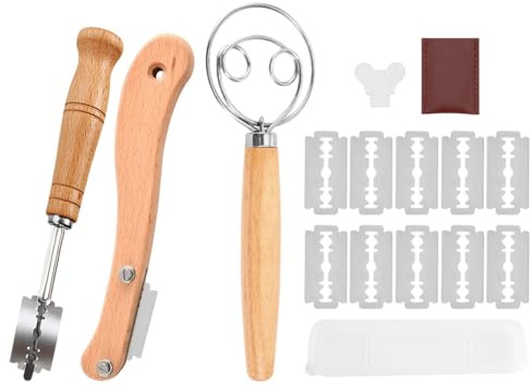 Hitopin Rasoio Coltello da Pane in Legno,Fruste Danesi per Impasti per Baguette,Taglierino per Pane,Set Tagliapasta e Frusta Danese,con 10 Lame,Per Baguette, Impasti, Pane Fai Da Te e Cottura