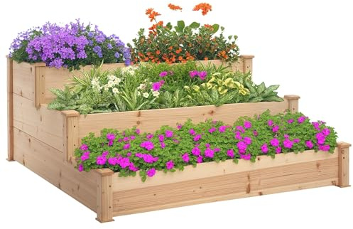Outsunny Carré Potager en Bois Massif 120 x 120 x 56 cm Effet Bois Naturel | Jardinière Surélevée 3 Niveaux en Escalier, pour Terrasse Balcon Jardin