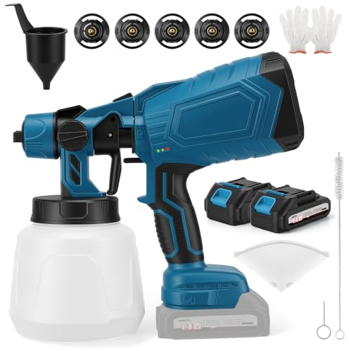 Pistola Pintura Bateria,Pulverizador de Pintura 21 V, Pistola Pintura con batería con 3 Patrones, 1400ml HVLP Pistola con 2 Baterías de 3000 mAh y Ccargador para Cercas, Paredes, Techos(Azul)