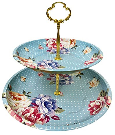 Charmed Vintage Floral pattern 2 tier cake and pastry stand server (Blue)