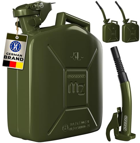 MONZANA® 3x 5 Litre Metal Fuel Canister W/Spout | 0.9mm Thick Steel Jerry Can | Leak-Proof Safety Lock | UN-Approved Transport Container | Petrol Diesel Oil | Corrosion Resistant Storage | Green