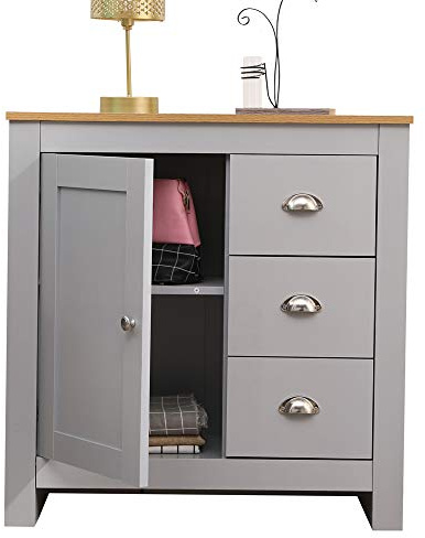 CFDZ CF Furniture Multi Storage Unit Free Standing Cabinet 1 Door&3 Drawer Sideboard Cupboard- Grey+Oak,79x35x81cm
