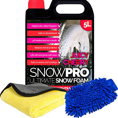SnowPro Snow Foam Shampoo Car Wash Soap 5L pH Neutral Vehicle Cleaning Detailing Pre Wash Cherry Fragrance With Microfibre Mitt